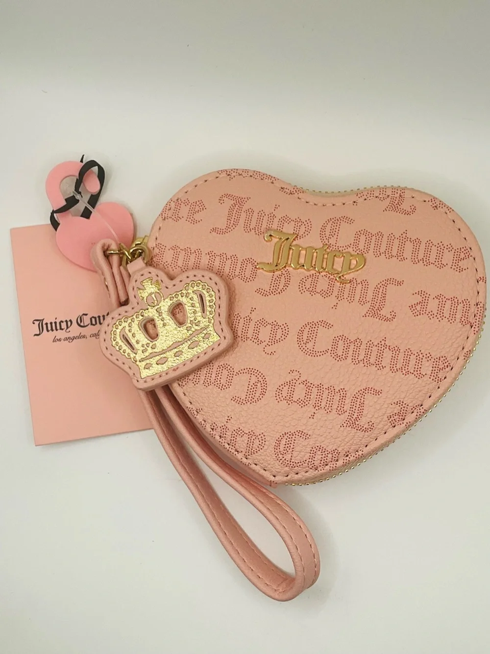 NWT Juicy Couture Pink Heart Wristlet Coin Purse Crown Zip Pull - Macaroon Dots
